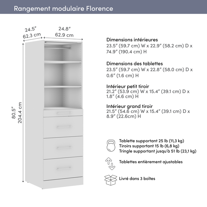 Bestar Florence 25\" Modular Reach-In/Walk-In Closet System Tower with LED Light, Shelves and 4 Drawe