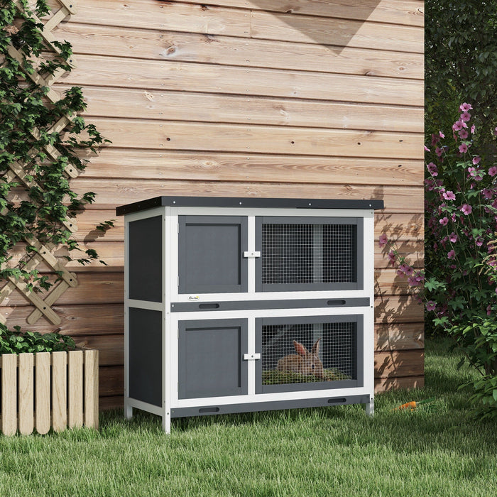 Pawhut Rabbit Hutch, Wooden 2 Tier Bunny Guinea Pig Cage With Openable Top, Slide-out Tray, Ramp, As