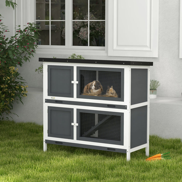 Pawhut Rabbit Hutch, Wooden 2 Tier Bunny Guinea Pig Cage With Openable Top, Slide-out Tray, Ramp, As