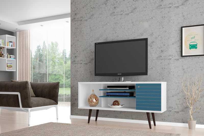 Manhattan Comfort Liberty 53.14\" Mid-Century Modern TV Stand with 5 Shelves & 1 Door - White & Aqua 