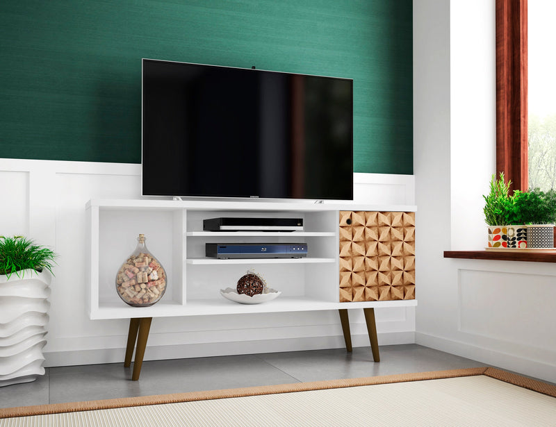 Manhattan Comfort Liberty 53.14\" Mid-Century Modern TV Stand with 5 Shelves & 1 Door - White