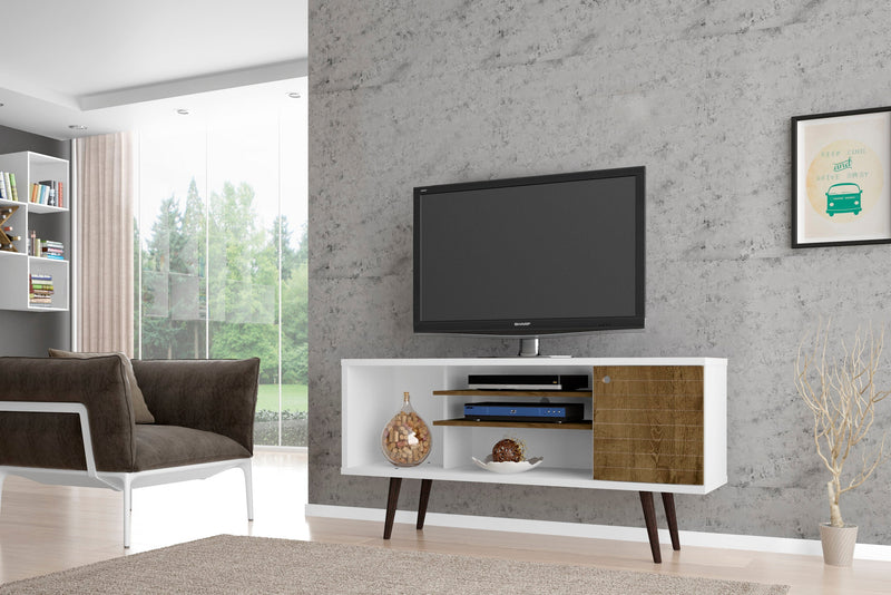 Manhattan Comfort Liberty 53.14\" Mid-Century Modern TV Stand with 5 Shelves & 1 Door - White & Brown