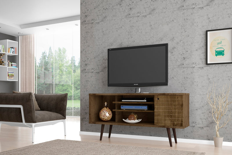 Manhattan Comfort Liberty 53.14\" Mid-Century Modern TV Stand with 5 Shelves & 1 Door - Rustic Brown 