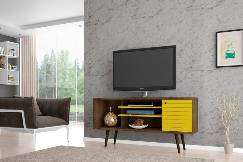 Manhattan Comfort Liberty 53.14\" Mid-Century Modern TV Stand with 5 Shelves & 1 Door - Rustic Brown 