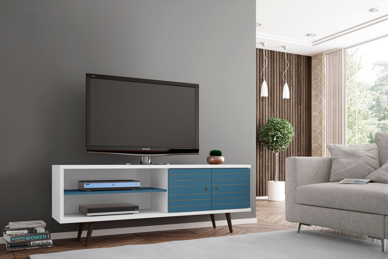Manhattan Comfort Liberty 62.99\" Mid-Century Modern TV Stand with 3 Shelves & 2 Doors - White & Aqua