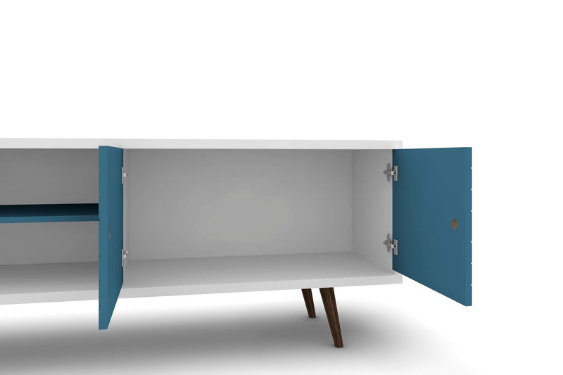 Manhattan Comfort Liberty 62.99\" Mid-Century Modern TV Stand with 3 Shelves & 2 Doors - White & Aqua