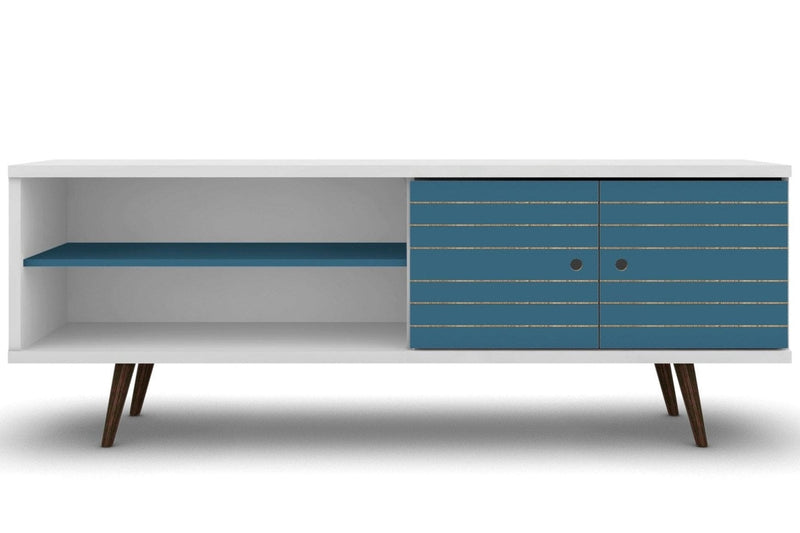 Manhattan Comfort Liberty 62.99\" Mid-Century Modern TV Stand with 3 Shelves & 2 Doors - White & Aqua