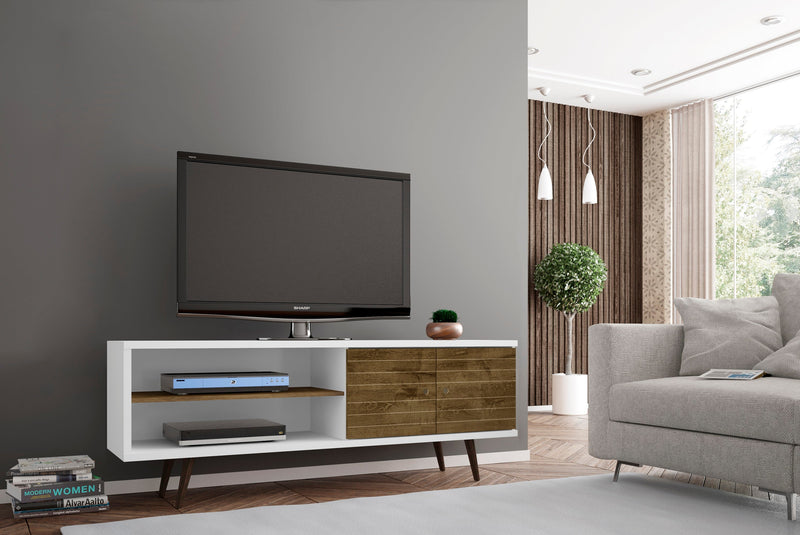 Manhattan Comfort Liberty 62.99\" Mid-Century Modern TV Stand with 3 Shelves & 2 Doors - White & Brown