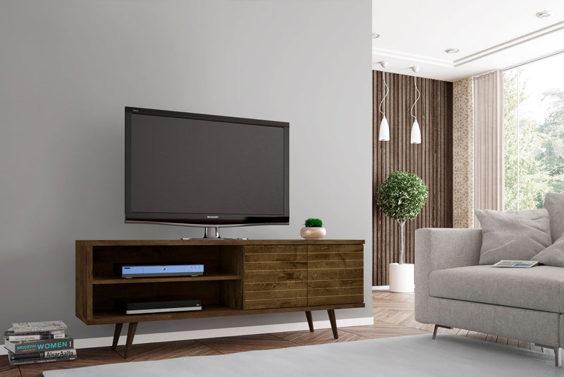 Manhattan Comfort Liberty 62.99\" Mid-Century Modern TV Stand with 3 Shelves & 2 Doors - Rustic Brown