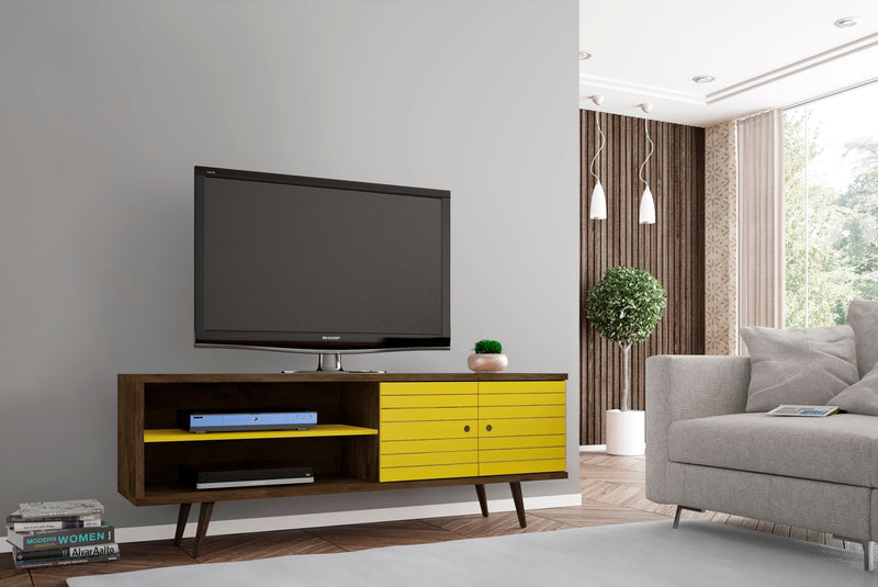Manhattan Comfort Liberty 62.99\" Mid-Century Modern TV Stand with 3 Shelves & 2 Doors - Rustic Brown