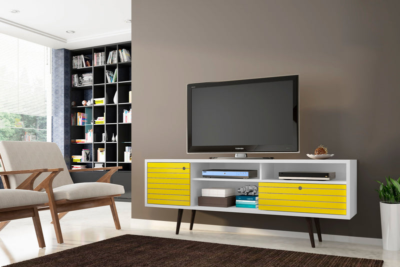 Manhattan Comfort Liberty 70.86\" Mid-Century Modern TV Stand with 4 Shelving Spaces & 1 Drawer - Whi
