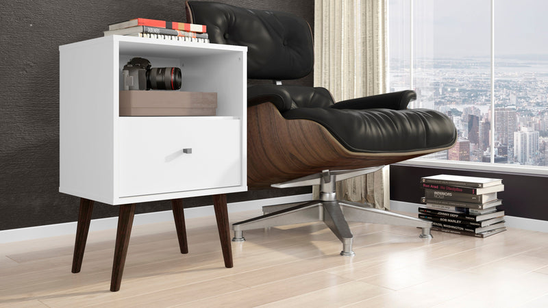 Manhattan Comfort Liberty Mid-Century Modern Nightstand with Cubby Space & Drawer - White