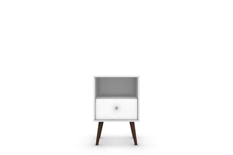 Manhattan Comfort Liberty Mid-Century Modern Nightstand with Cubby Space & Drawer - White