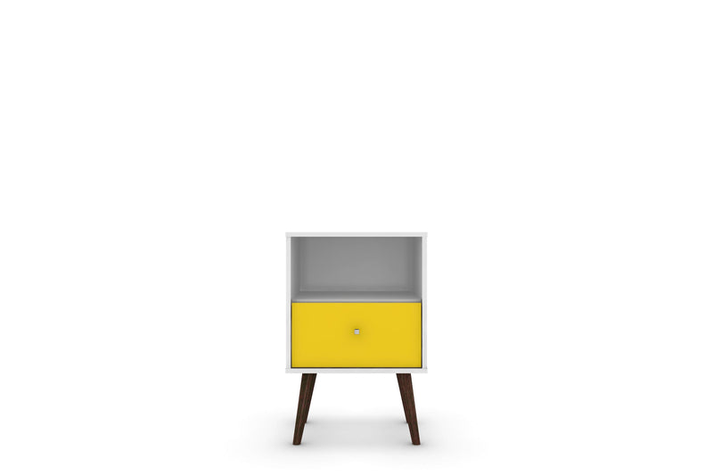 Manhattan Comfort Liberty Mid-Century Modern Nightstand with Cubby Space & Drawer - White & Yellow