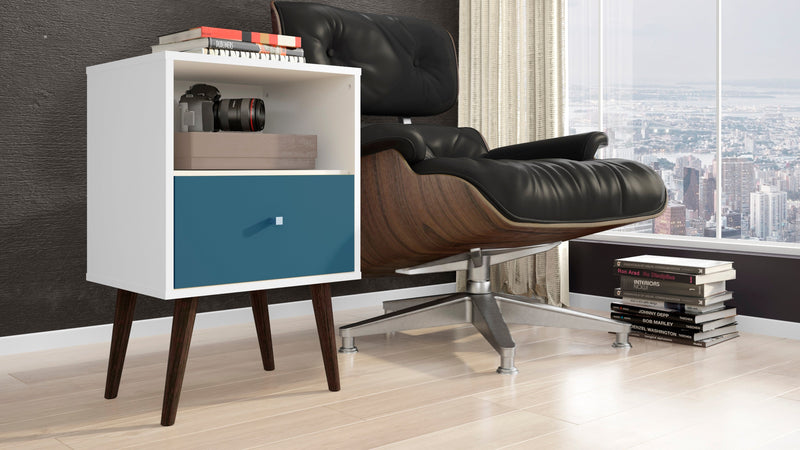 Manhattan Comfort Liberty Mid-Century Modern Nightstand with Cubby Space & Drawer - White & Aqua Blue