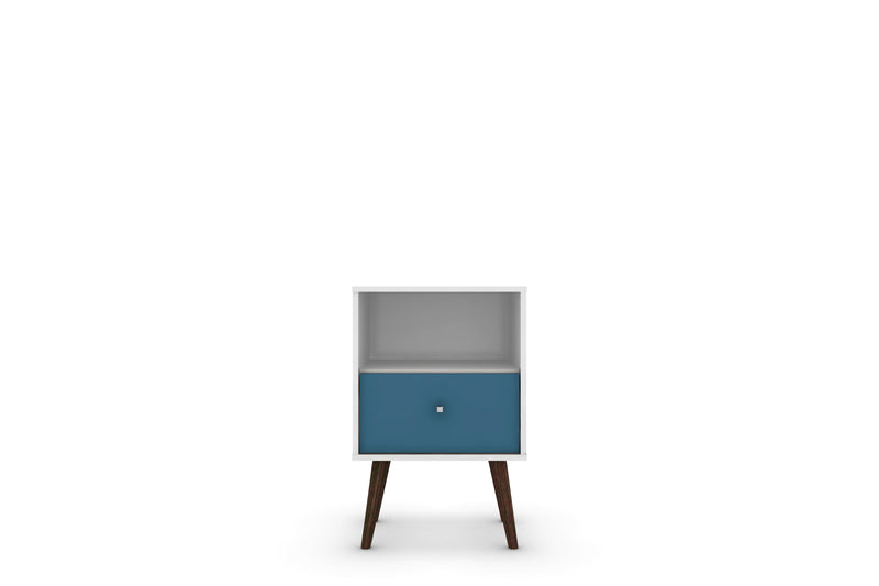 Manhattan Comfort Liberty Mid-Century Modern Nightstand with Cubby Space & Drawer - White & Aqua Blue