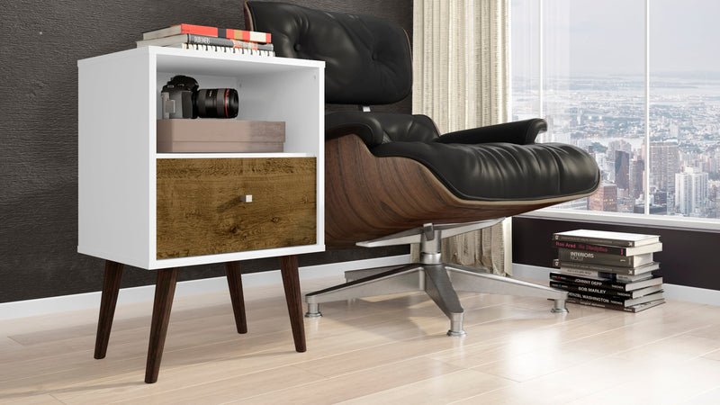 Manhattan Comfort Liberty Mid-Century Modern Nightstand with Cubby Space & Drawer - White & Rustic Brown