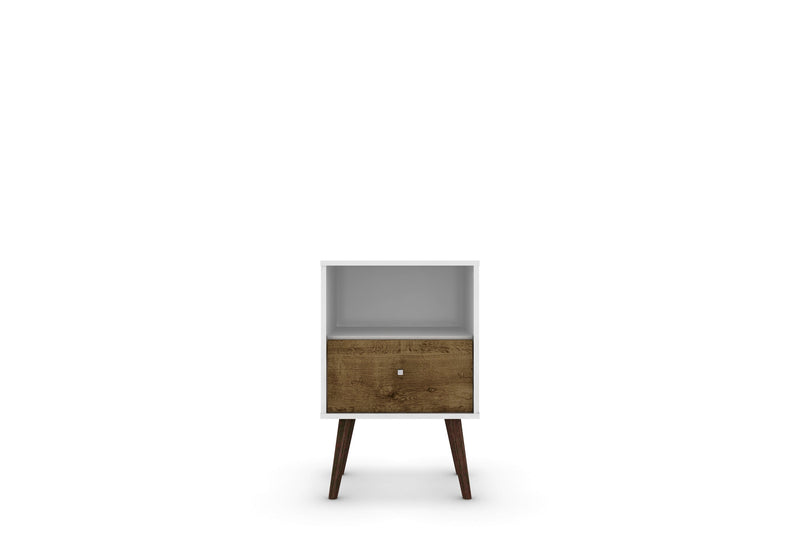 Manhattan Comfort Liberty Mid-Century Modern Nightstand with Cubby Space & Drawer - White & Rustic Brown