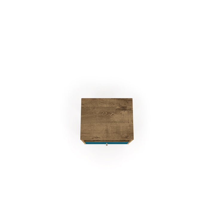 Manhattan Comfort Liberty Mid-Century Modern Nightstand with Cubby Space & Drawer - Rustic Brown & Aqua Blue