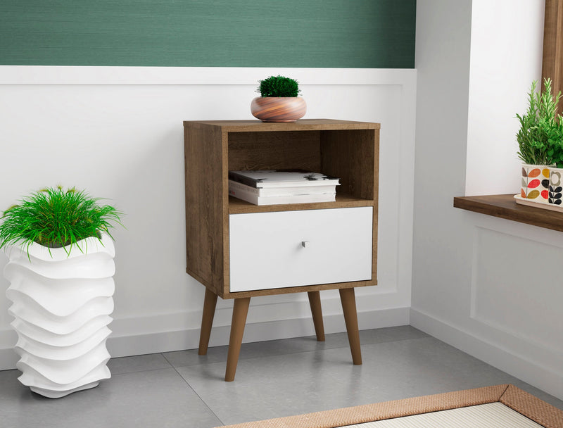 Manhattan Comfort Liberty Mid-Century Modern Nightstand with Cubby Space & Drawer - Rustic Brown & White