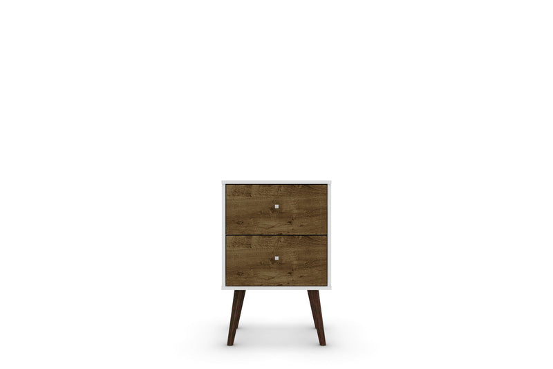 Manhattan Comfort Liberty Mid-Century Modern Nightstand with 2 Full Extension Drawers - White & Rustic Brown