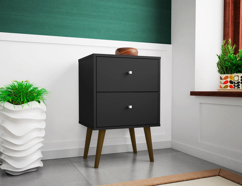 Manhattan Comfort Liberty Mid-Century Modern Nightstand with 2 Full Extension Drawers - Black