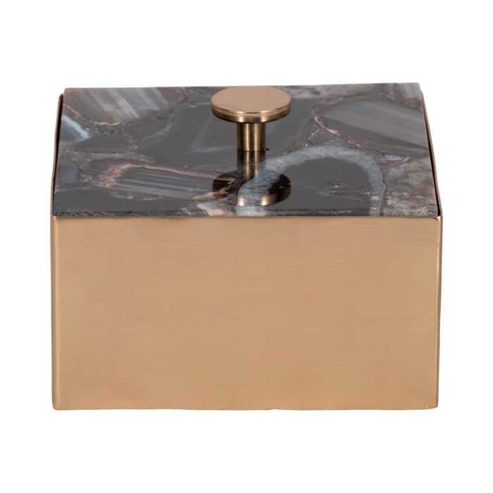 Metal 6\" Trinket Box with Agate Lid - Gold and Black