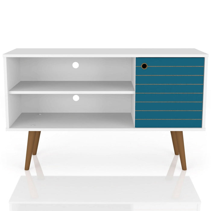 Manhattan Comfort Liberty 42.52\" Mid-Century Modern TV Stand with 2 Shelves & 1 Door - White & Aqua 