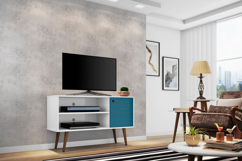 Manhattan Comfort Liberty 42.52\" Mid-Century Modern TV Stand with 2 Shelves & 1 Door - White & Aqua 