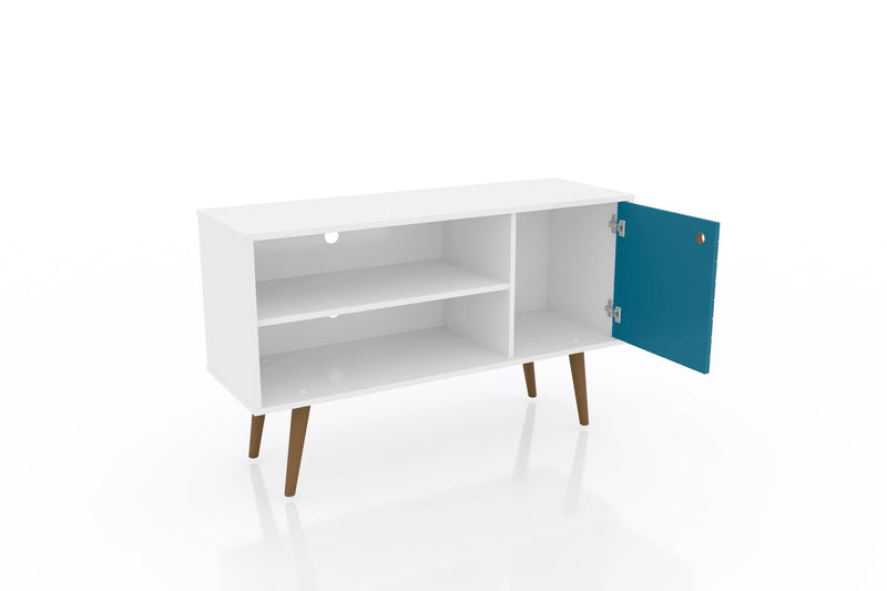 Manhattan Comfort Liberty 42.52\" Mid-Century Modern TV Stand with 2 Shelves & 1 Door - White & Aqua 