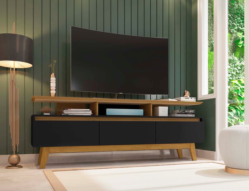 Manhattan Comfort Yonkers 70.86\" TV Stand with Solid Wood Legs & 6 Media Storage Compartments - Blac