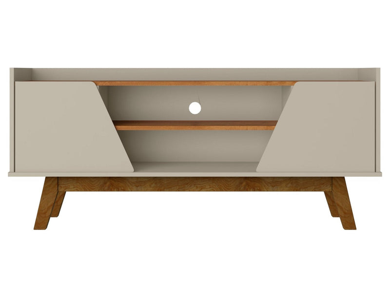 Manhattan Comfort Mid-Century Modern Marcus 53.14\" TV Stand with Solid Wood Legs - Greige & Natural