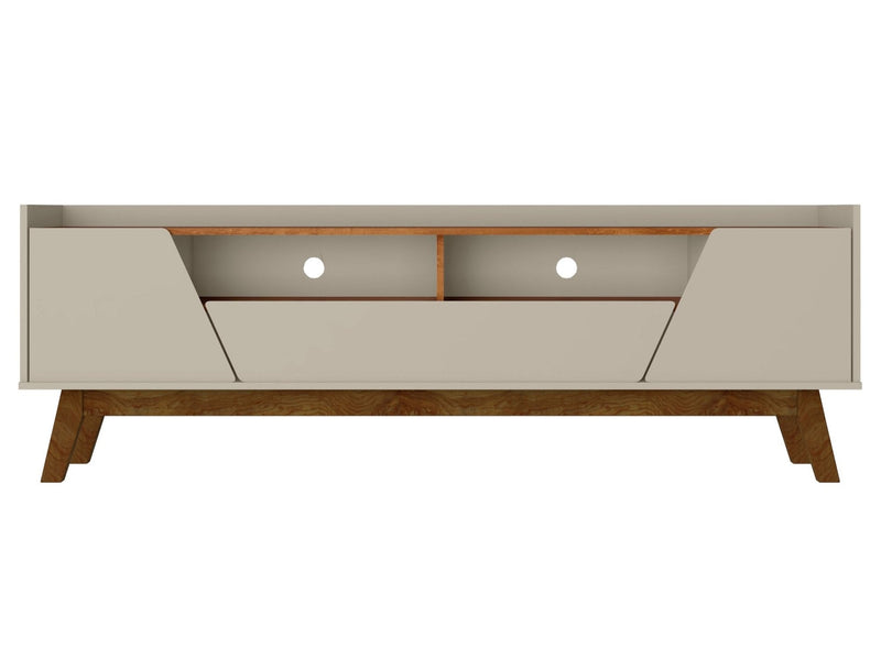 Manhattan Comfort Mid-Century Modern Marcus 70.86\" TV Stand with Solid Wood Legs - Greige & Natural