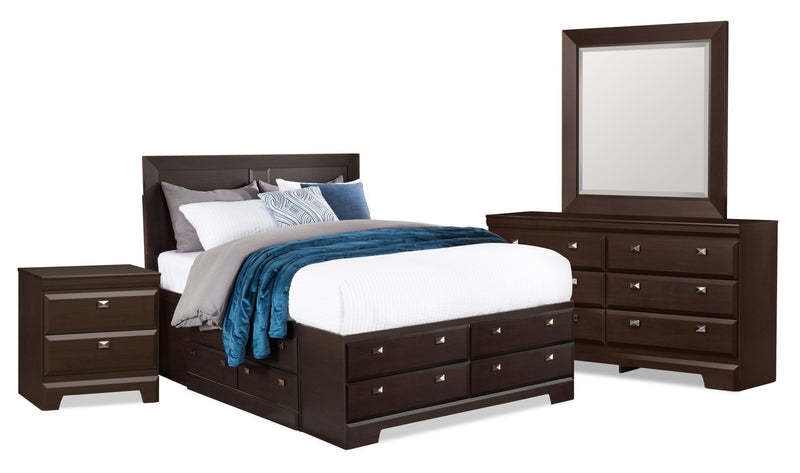 Yorkdale 6pc Bedroom Set with 12-Drawer Storage Bed, Dresser, Mirror & Nightstand, Brown - Full Size 