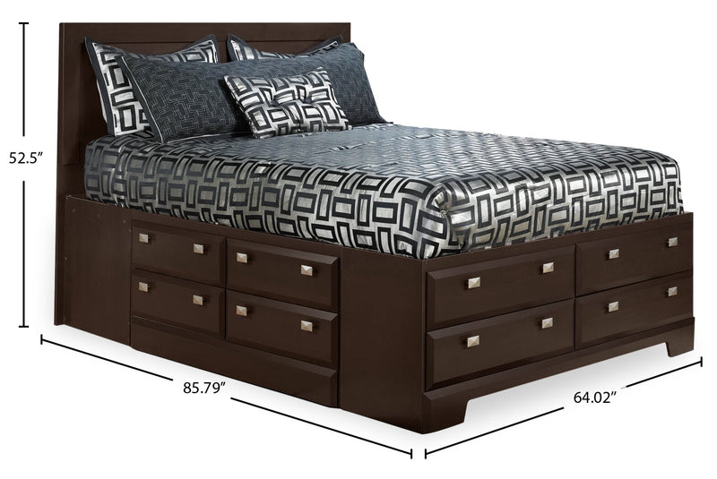 Yorkdale 12-Drawer Platform Bed with Headboard & Storage Frame, Made in Canada, Brown - Queen Size 