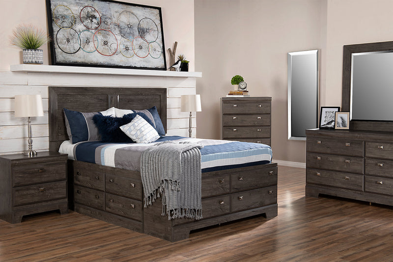 Yorkdale 12-Drawer Platform Bed with Headboard & Storage Frame, Made in Canada, Grey - Full Size 