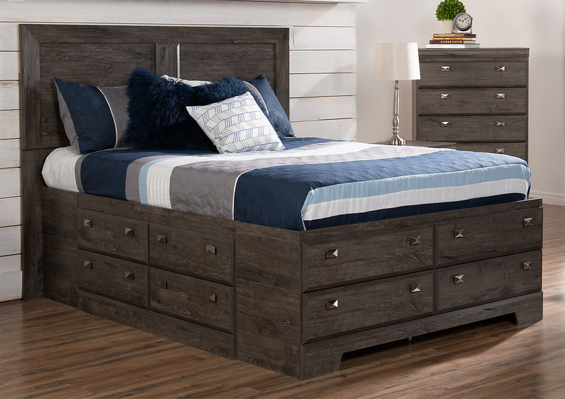Yorkdale 12-Drawer Platform Bed with Headboard & Storage Frame, Made in Canada, Grey - Full Size 