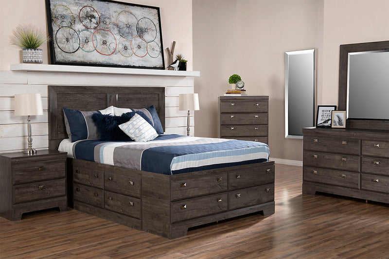 Yorkdale 5pc Bedroom Set with 12-Drawer Storage Bed, Dresser & Mirror, Grey - Full Size 