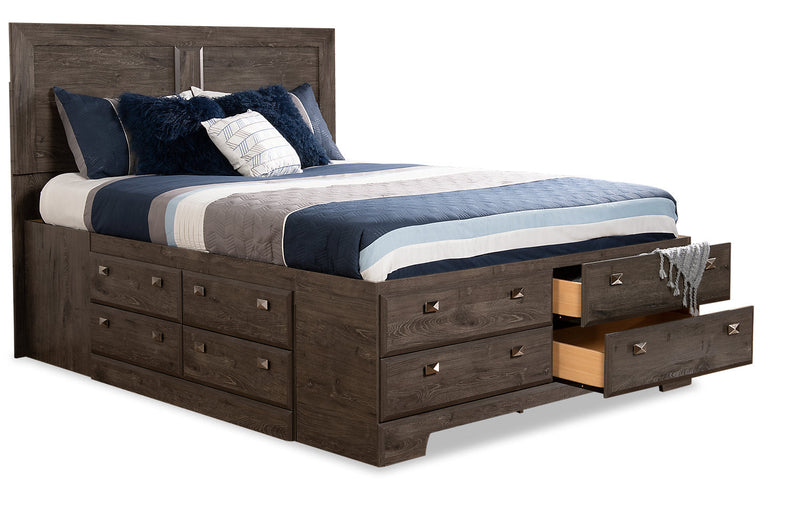 Yorkdale 12-Drawer Platform Bed with Headboard & Storage Frame, Made in Canada, Grey - Queen Size 