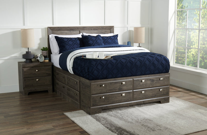Yorkdale 12-Drawer Platform Bed with Headboard & Storage Frame, Made in Canada, Grey - Queen Size 