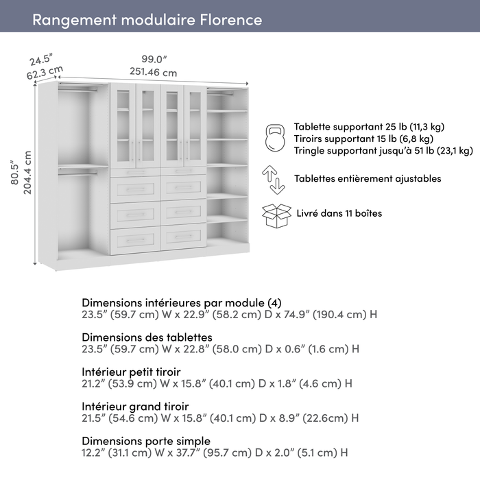 Bestar Florence 100\" Modular Walk-In Closet System with LED Lights, Rods, Shelves, Drawers and Doors