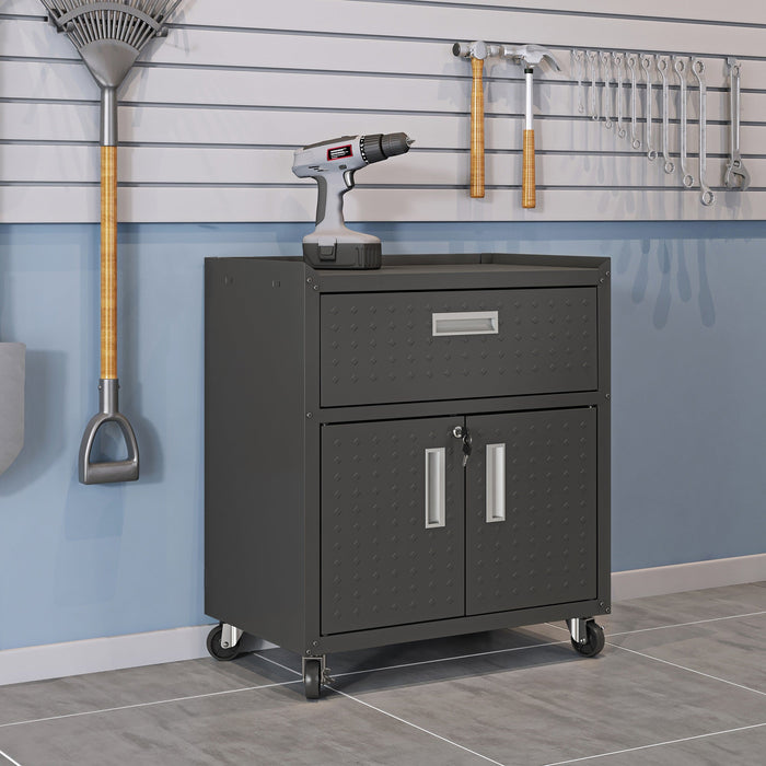 Manhattan Comfort Fortress Textured Metal 31.5\" Garage Mobile Cabinet with Drawer & 2 Adjustable She