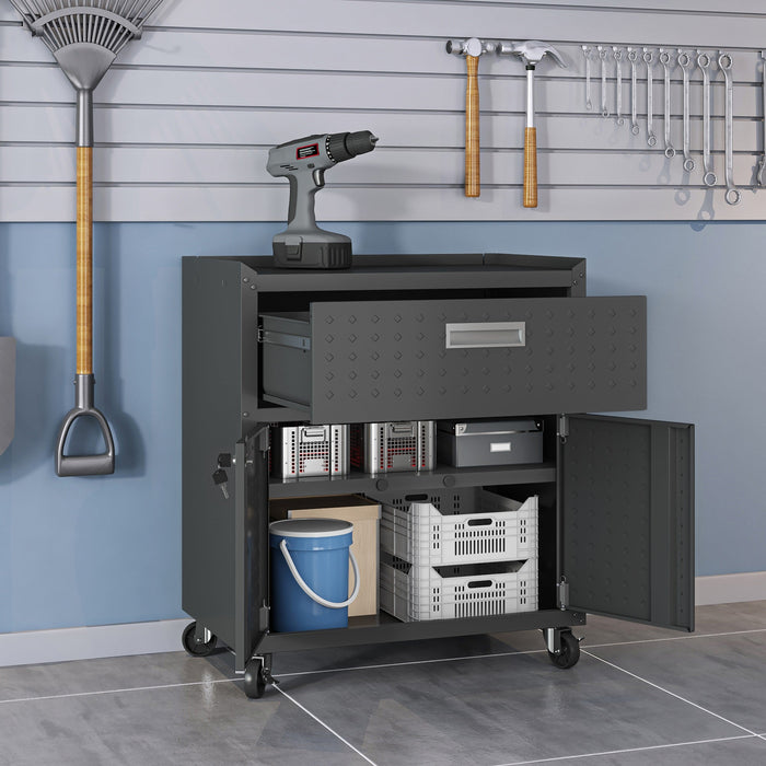 Manhattan Comfort Fortress Textured Metal 31.5\" Garage Mobile Cabinet with Drawer & 2 Adjustable She