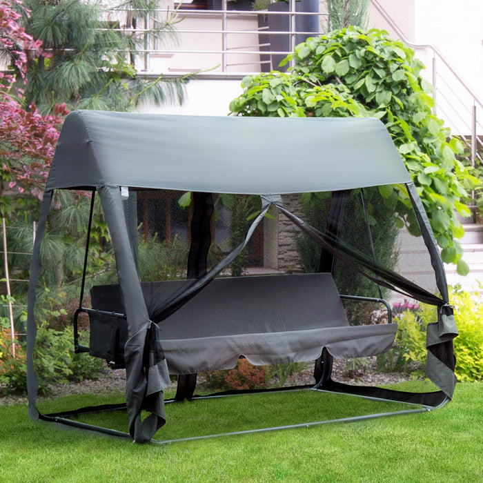 Outsunny 3-seat Outdoor Swing Chair, Porch Swing, Chaise Lounger Bed, Garden Hammock, Converting Flat Bed With Heavy-duty Steel Stand, Canopy And Netting Walls, Grey