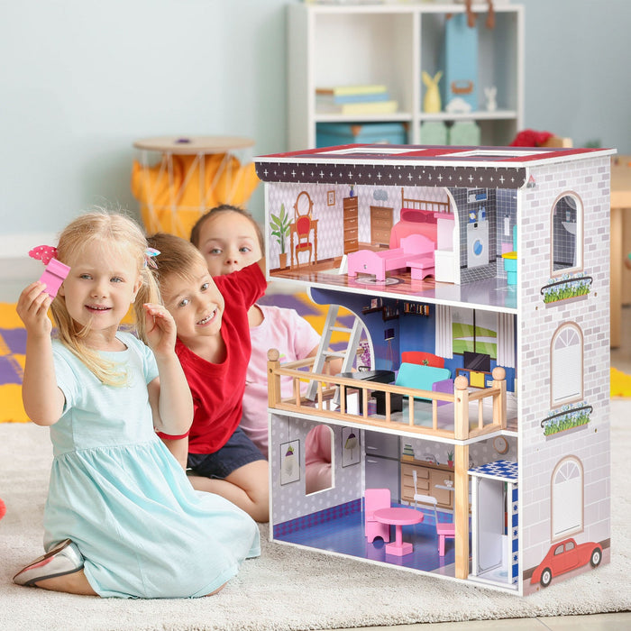 Qaba 13 Pcs Kids 3-story Dollhouse, Dreamhouse Villa, For Toddler, Little Girls, Multi-level House, 