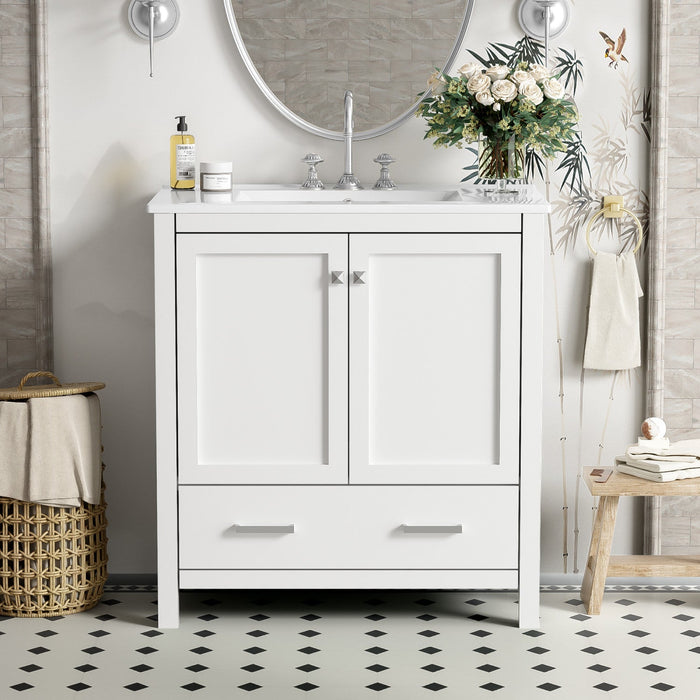 Erica 30\" Solid Wood Bathroom Vanity With Single Ceramic Sink - White 