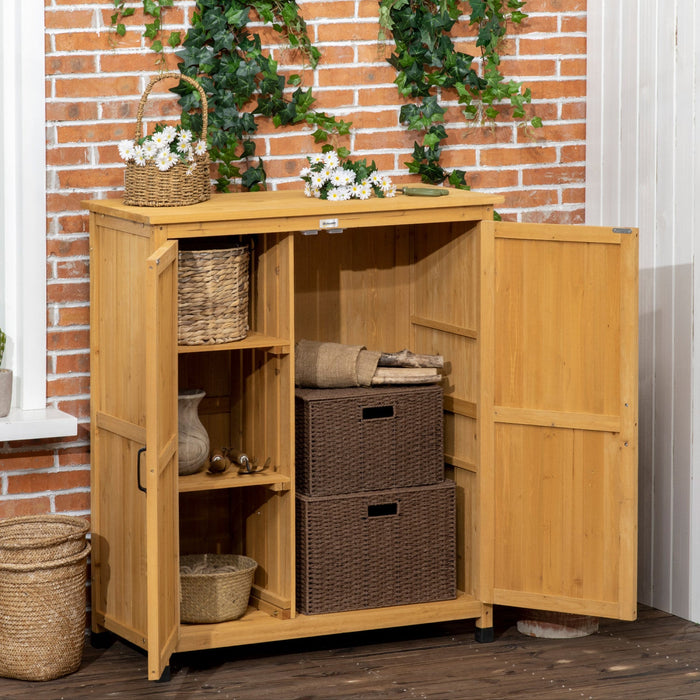 Outsunny Garden Storage Cabinet, Wooden Outdoor Tool Shed With 3 Shelves, Top Planting Workstation A