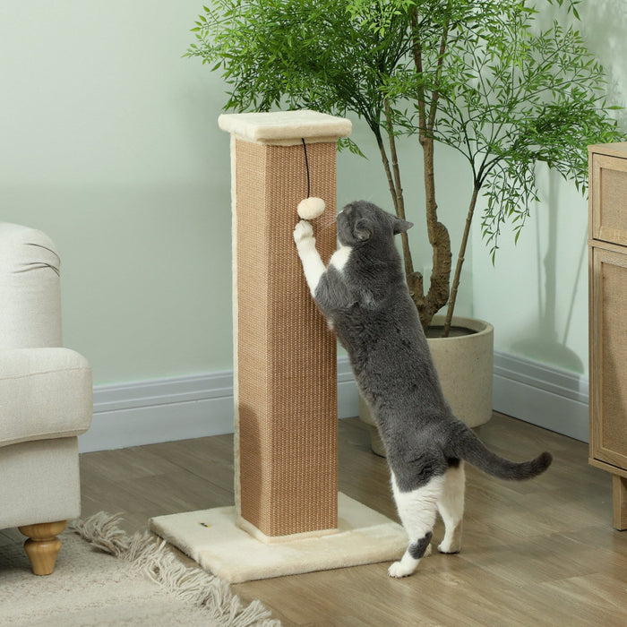 Pawhut 32" Tall Cat Scratching Post For Indoor Cats And Kittens, Vertical Claw Scratcher, Sisal Cat Scratcher With Hanging Ball And Soft Plush, Beige