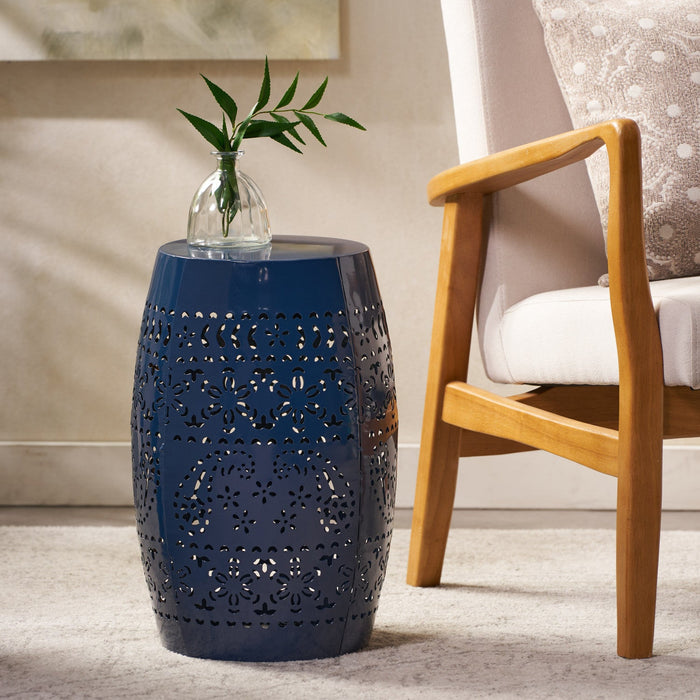 Phoenix Indoor 12\" Barrel Shape Iron Side Table With Lace-cut Design - Navy Blue 