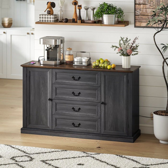 HOMCOM 58" Sideboard Buffet Cabinet with Charging Station Black Wood Grain